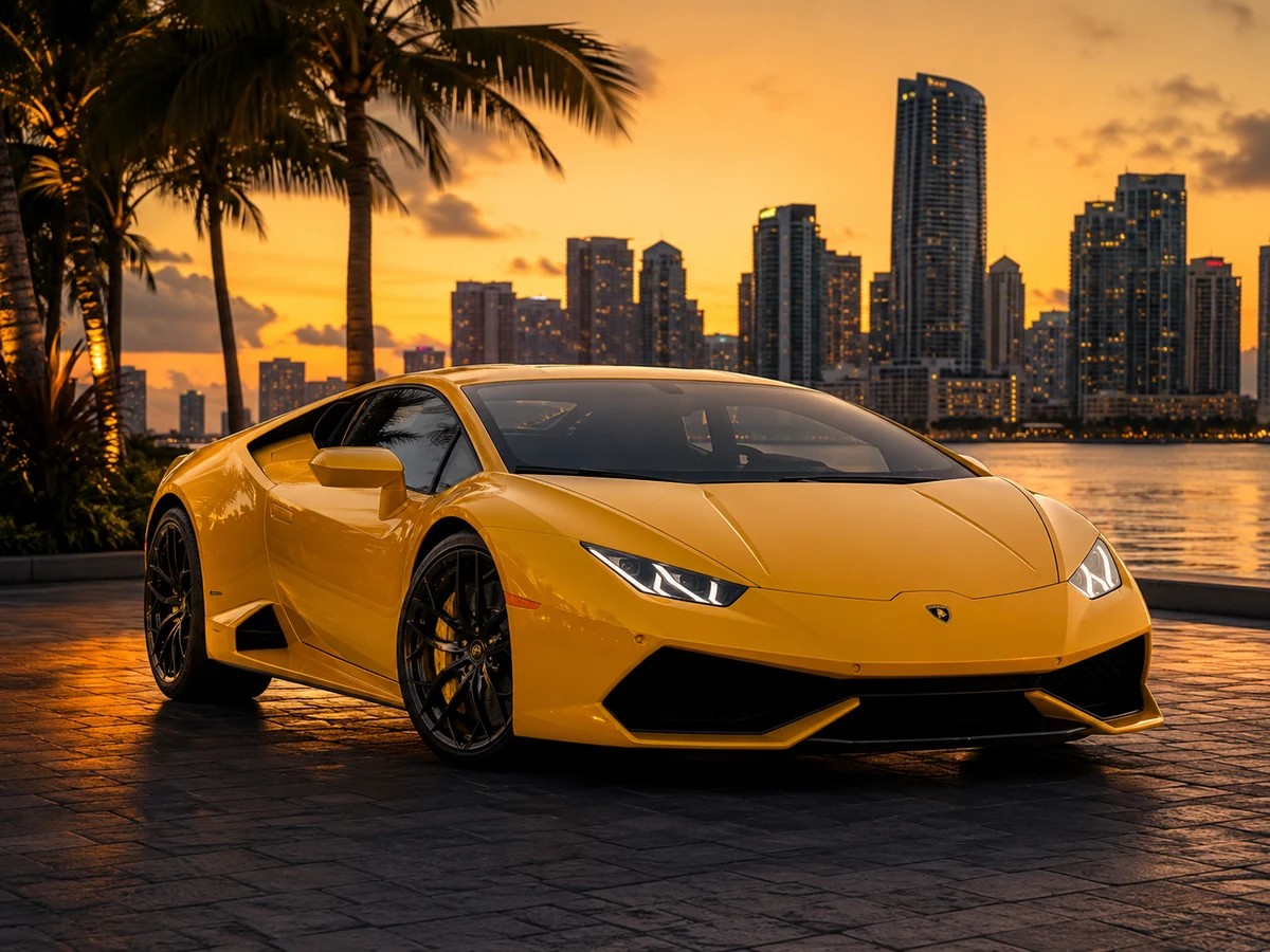 Yellow Lamborghini-style exotic car by a waterfront skyline