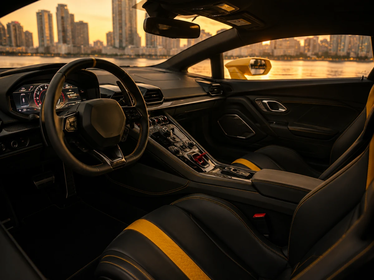 Driver-focused black and yellow exotic car cockpit
