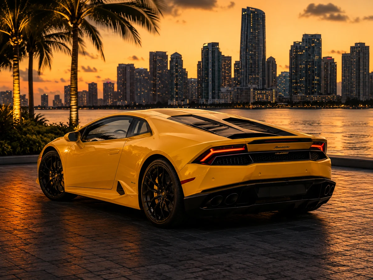 Rear three-quarter view of yellow Lamborghini-style exotic car